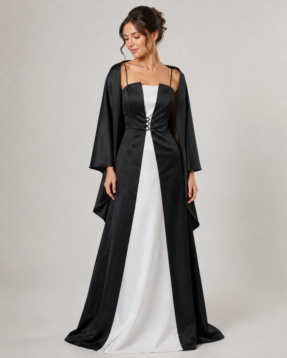 Michaelangelo Vintage Black White Satin Formal Gown Dress Size 10 Y2K wShawl